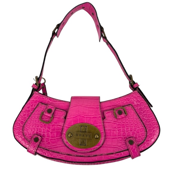 Guess Vintage Women's Mini Shoulder Bag Y2K Pink Croc Embossed Retro Barbiecore - Picture 1 of 16